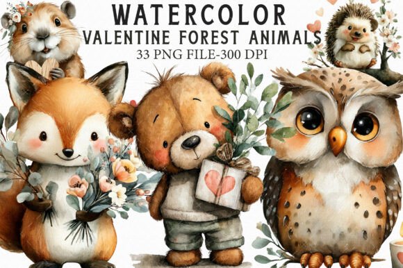 Download Watercolor Valentine Forest Animals Png - Premium Resources