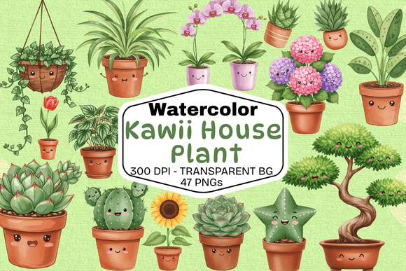 Download Watercolor Kawaii House Plant Set - House Collection