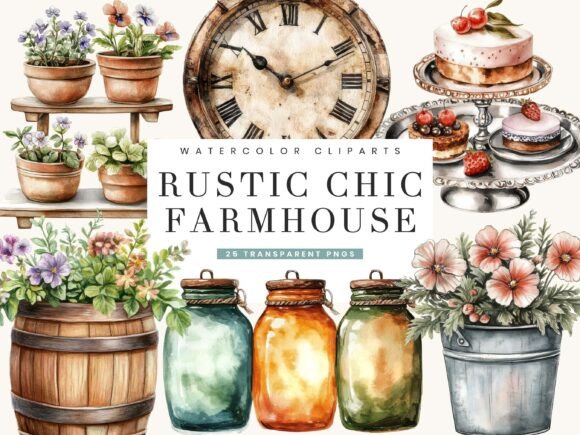 Download Watercolor Rustic Chic Farmhouse Clipart - House Collection